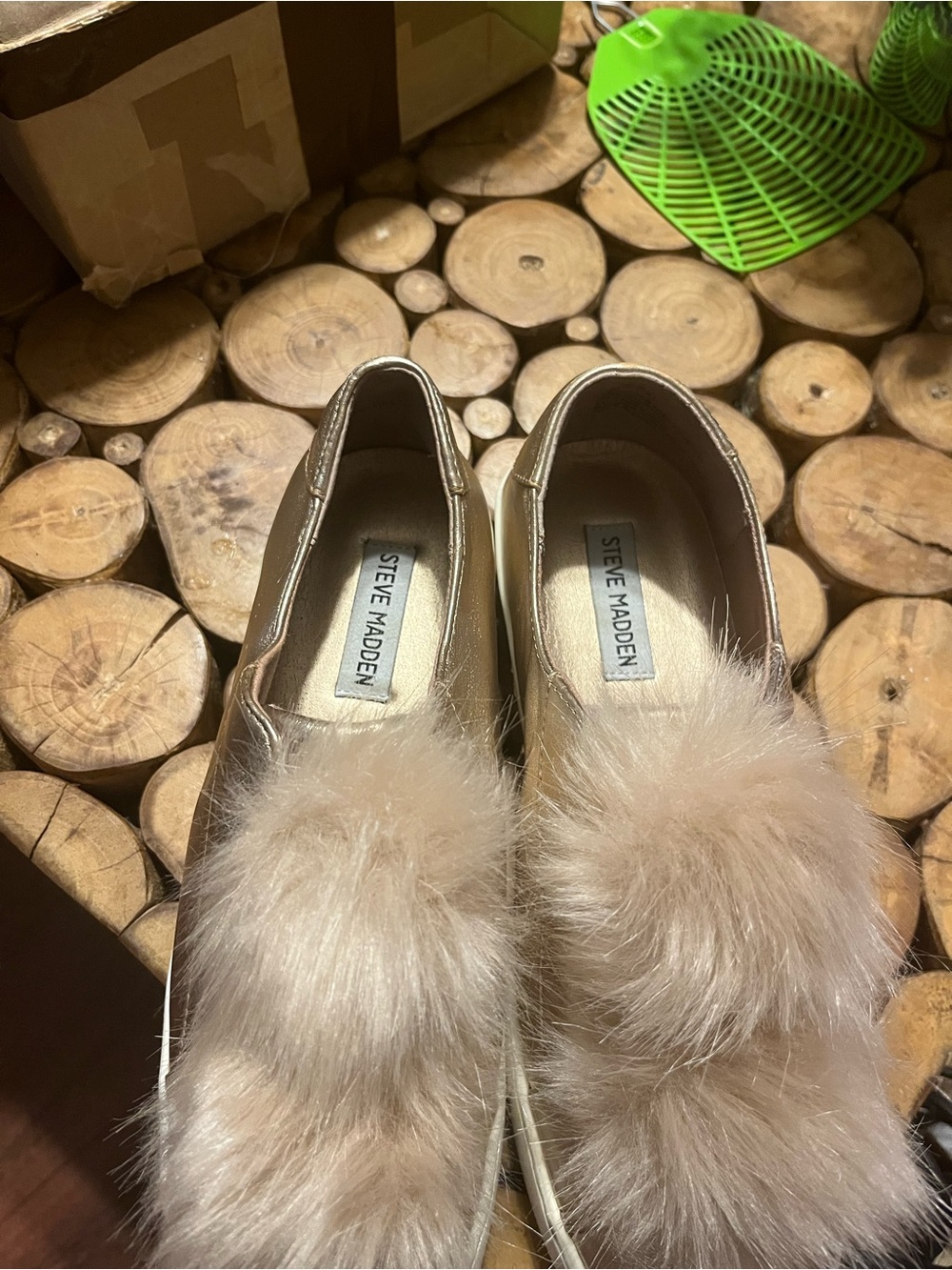 Steve Madden Metallic Gold Slip-On Sneakers with Beige Faux Fur Poms - Picture 3 of 4